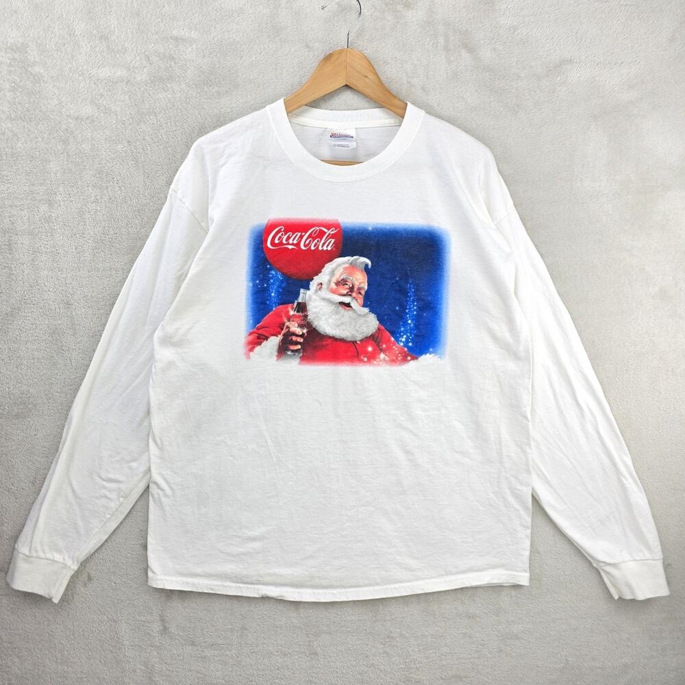 Vintage Coca Cola Santa Claus Shirt XL White Christmas Y2K Long Sleeve Xmas